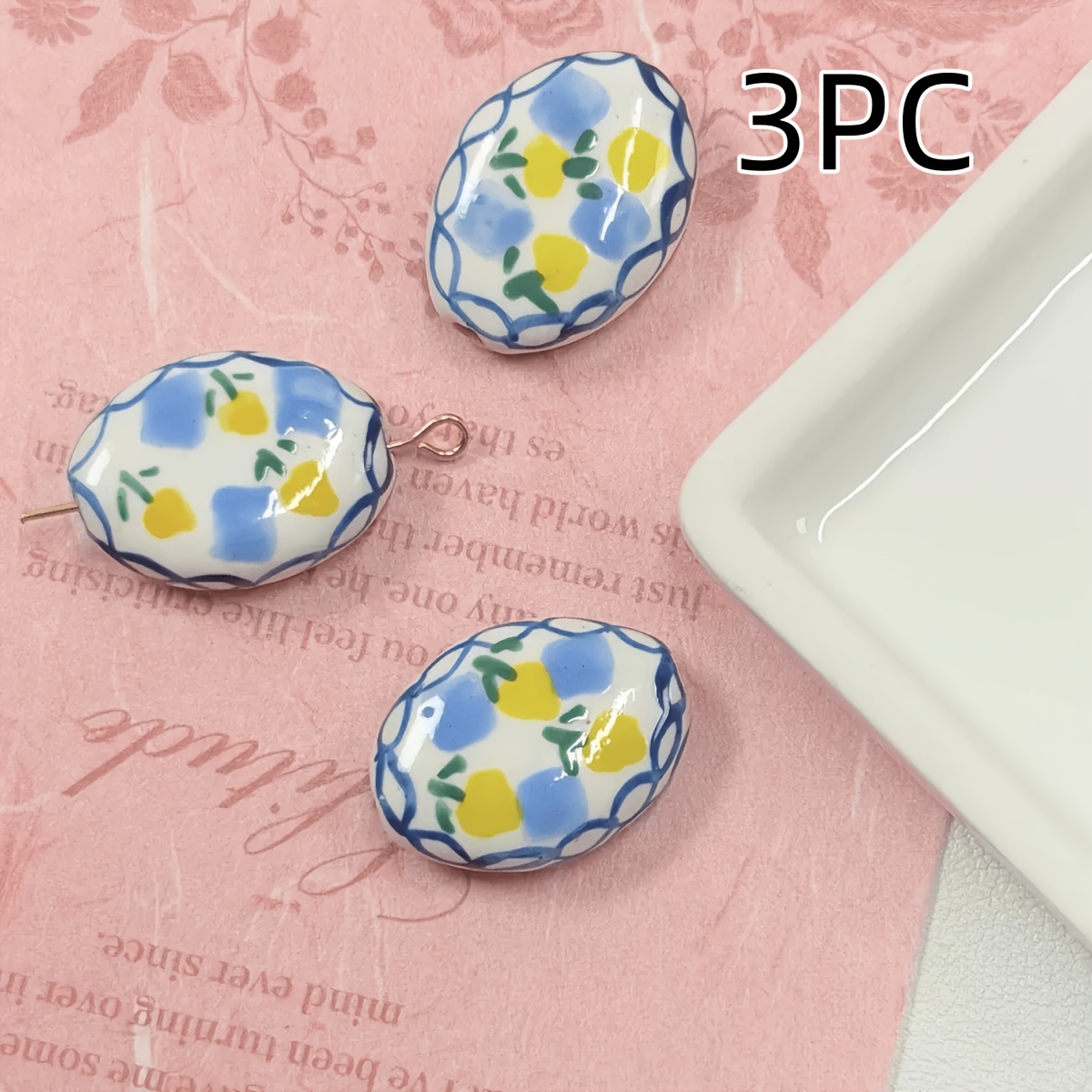 Hand Drawn Painted Fruit Vintage Ceramic Beads, 3pcs
